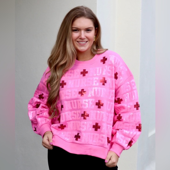 QUEEN OF SPARKLES Pink Sequin NURSE Allover Sweatshirt NWT - Picture 10 of 13